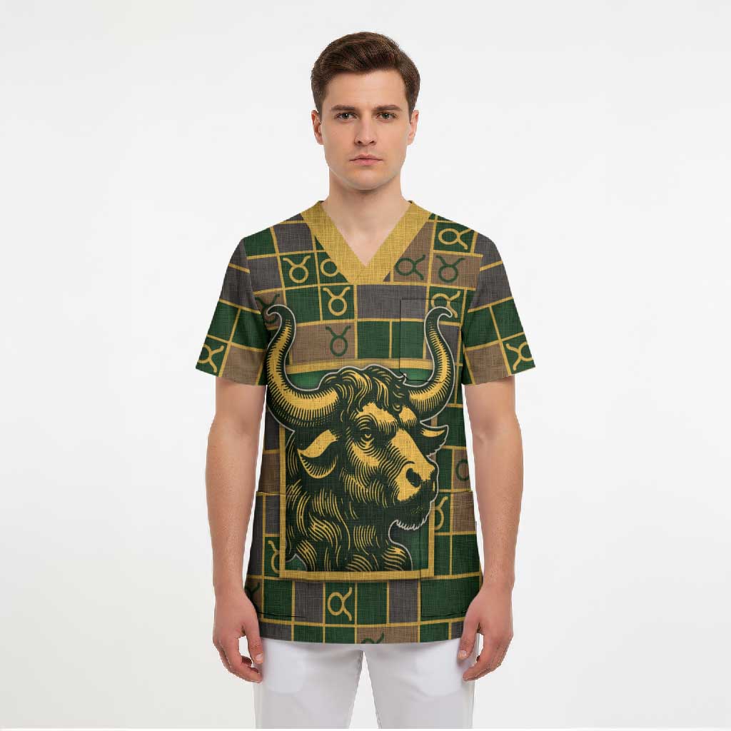 Custom Taurus Zodiac Scrub Top Checkered Pattern