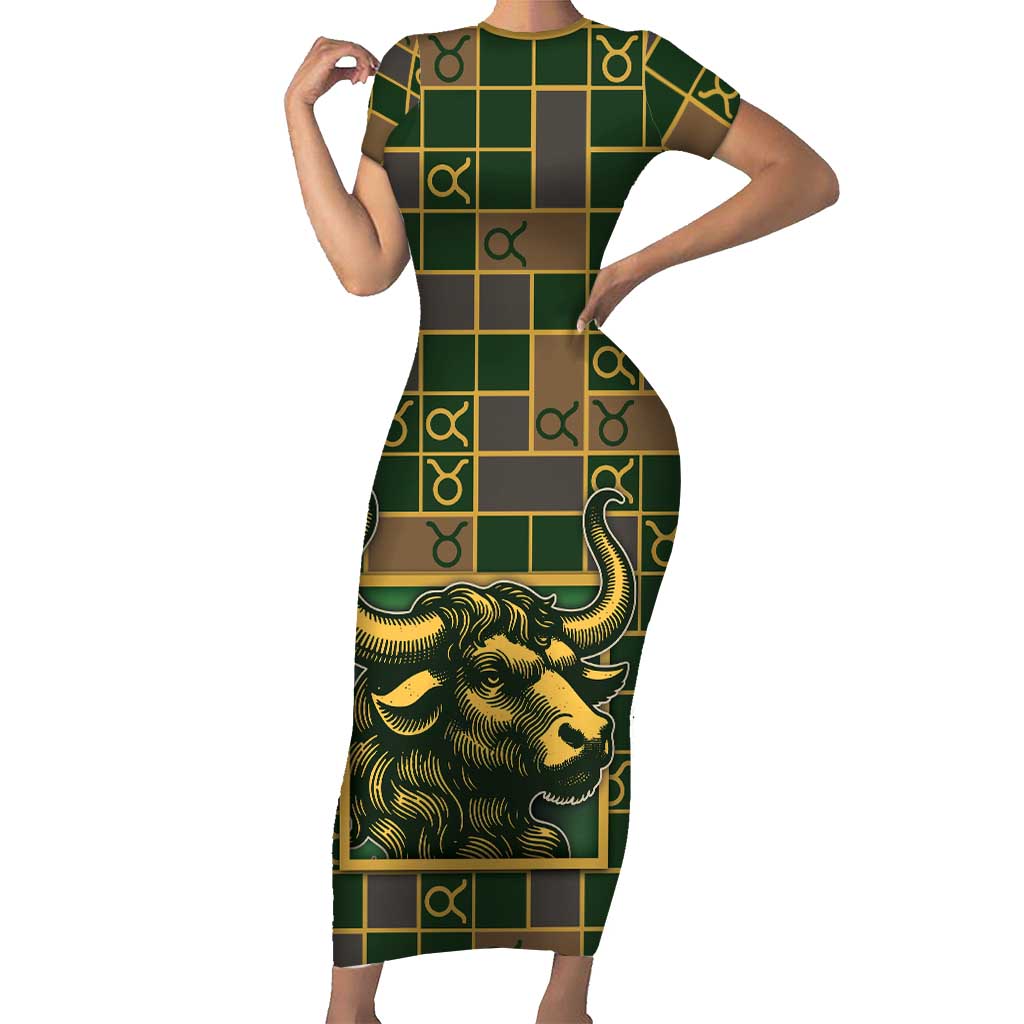 Custom Taurus Zodiac Short Sleeve Bodycon Dress Checkered Pattern