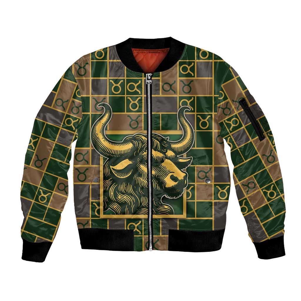Custom Taurus Zodiac Sleeve Zip Bomber Jacket Checkered Pattern