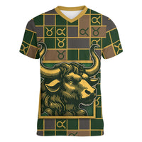 Custom Taurus Zodiac Women V-Neck T-Shirt Checkered Pattern