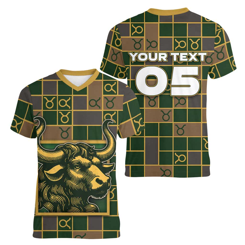 Custom Taurus Zodiac Women V-Neck T-Shirt Checkered Pattern