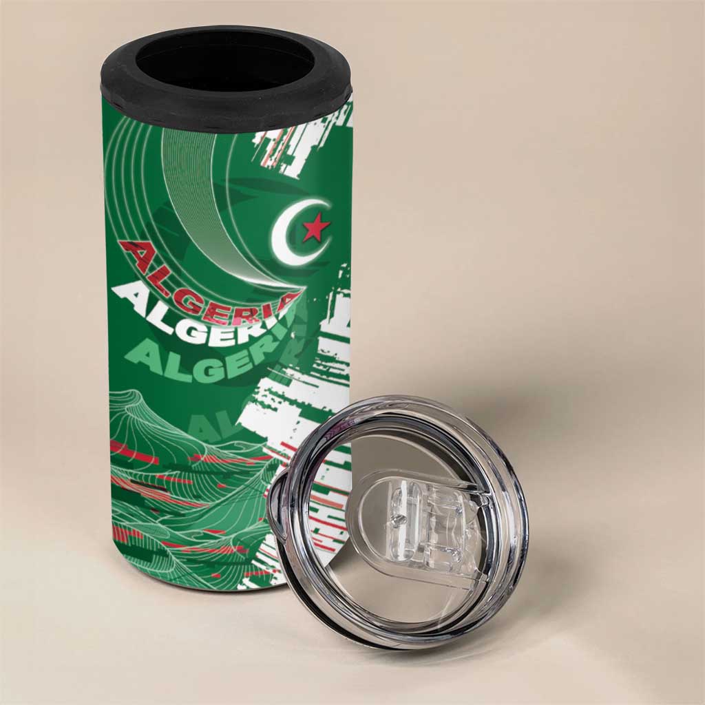 Custom Algeria Football 4 in 1 Can Cooler Tumbler Glitch Effect Desert Lines And Star Crescent