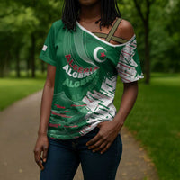 Custom Algeria Football Cross Shoulder Shirt Glitch Effect Desert Lines And Star Crescent