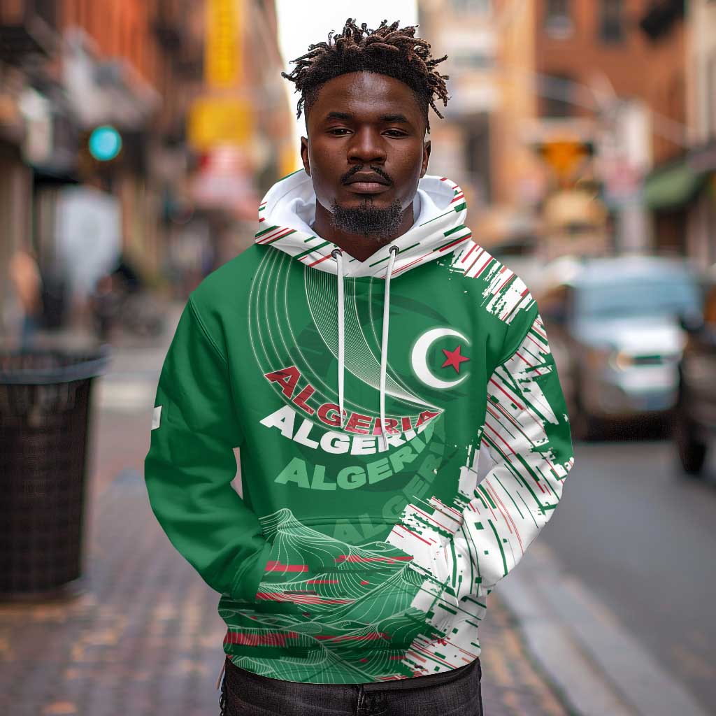 Custom Algeria Football Hoodie Glitch Effect Desert Lines And Star Crescent