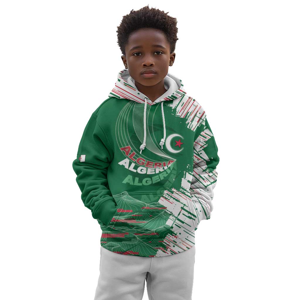 Custom Algeria Football Kid Hoodie Glitch Effect Desert Lines And Star Crescent