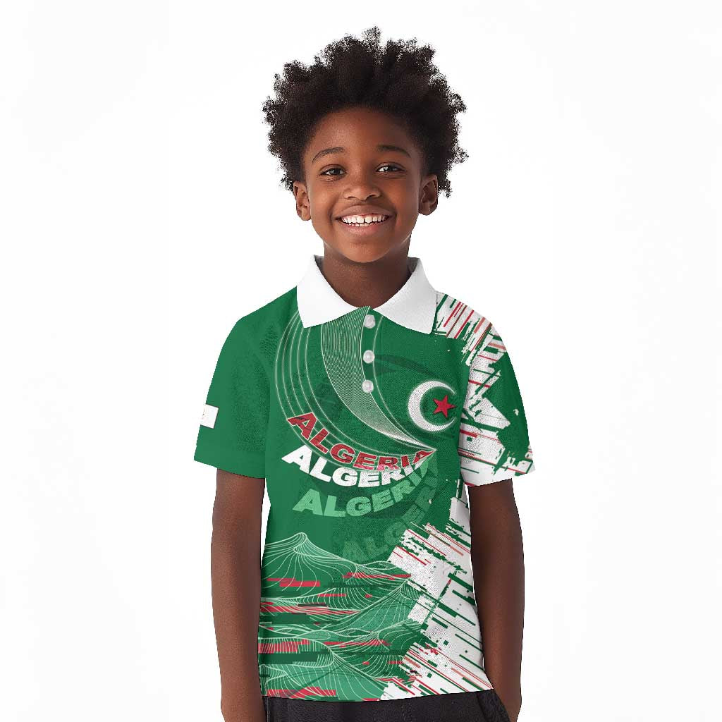 Custom Algeria Football Kid Polo Shirt Glitch Effect Desert Lines And Star Crescent