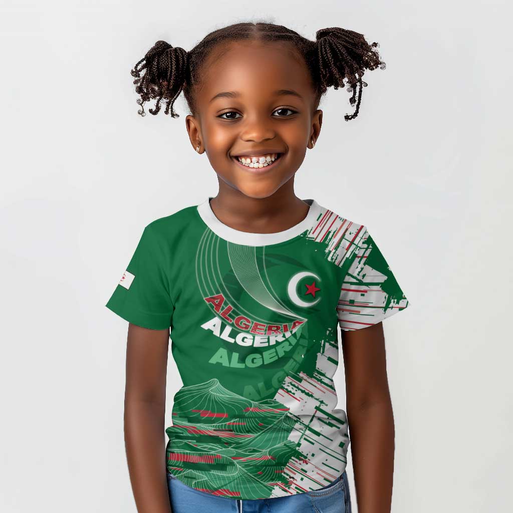 Custom Algeria Football Kid T shirt Glitch Effect Desert Lines And Star Crescent