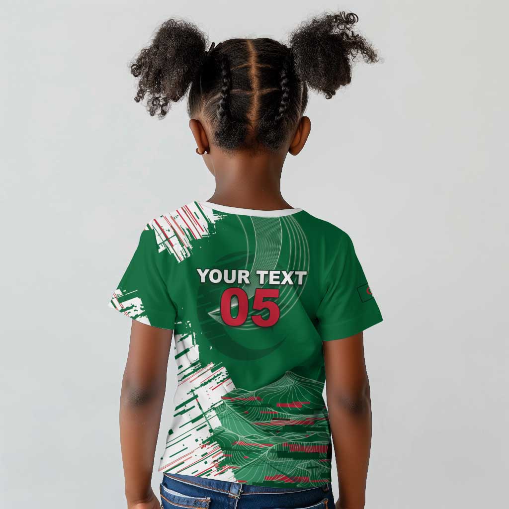Custom Algeria Football Kid T shirt Glitch Effect Desert Lines And Star Crescent