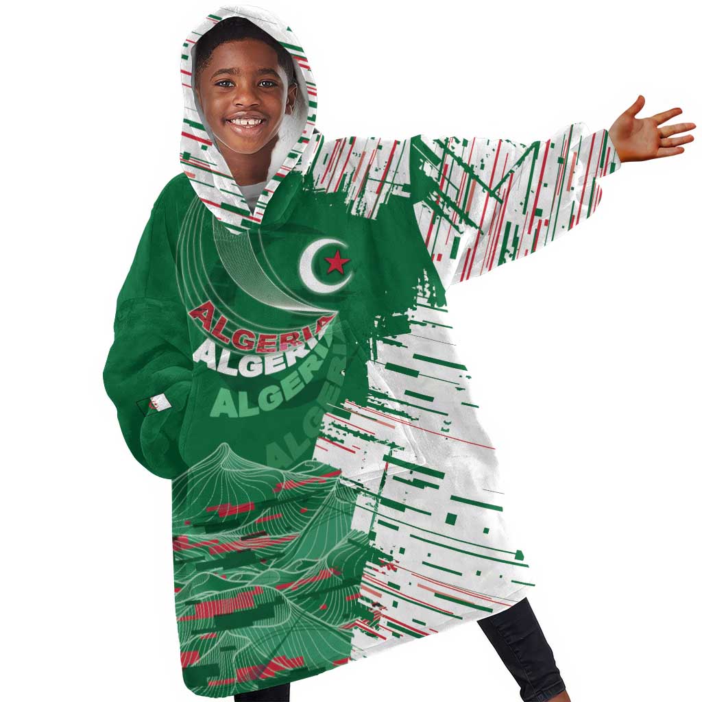 Custom Algeria Football Kid Wearable Blanket Hoodie Glitch Effect Desert Lines And Star Crescent