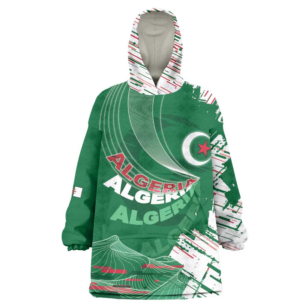 Custom Algeria Football Kid Wearable Blanket Hoodie Glitch Effect Desert Lines And Star Crescent