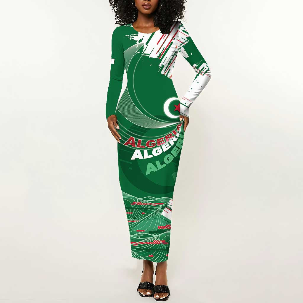 Custom Algeria Football Long Sleeve Bodycon Dress Glitch Effect Desert Lines And Star Crescent