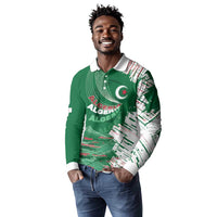 Custom Algeria Football Long Sleeve Polo Shirt Glitch Effect Desert Lines And Star Crescent
