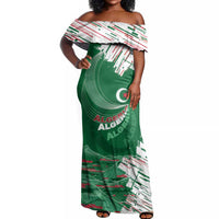 Custom Algeria Football Off Shoulder Maxi Dress Glitch Effect Desert Lines And Star Crescent