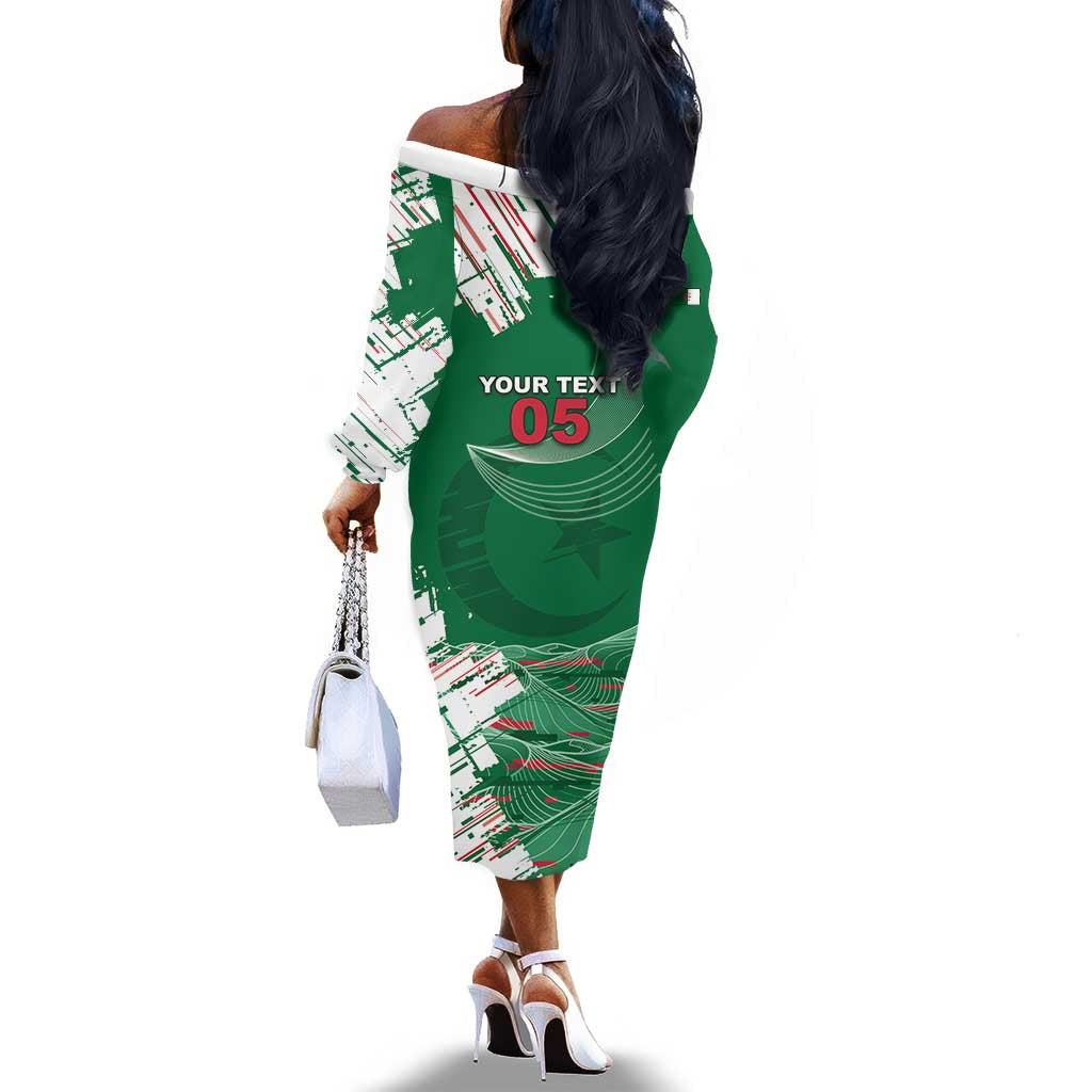 Custom Algeria Football Off The Shoulder Long Sleeve Dress Glitch Effect Desert Lines And Star Crescent