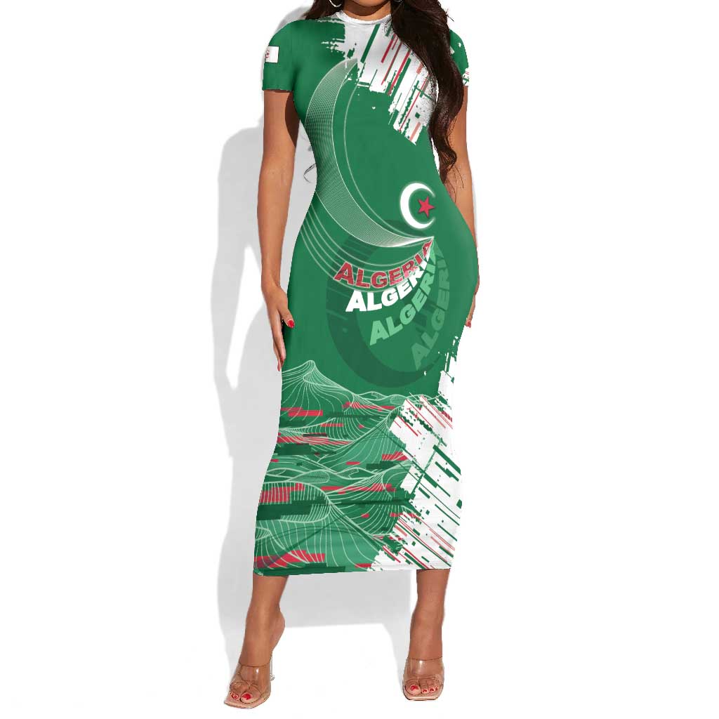 Custom Algeria Football Short Sleeve Bodycon Dress Glitch Effect Desert Lines And Star Crescent