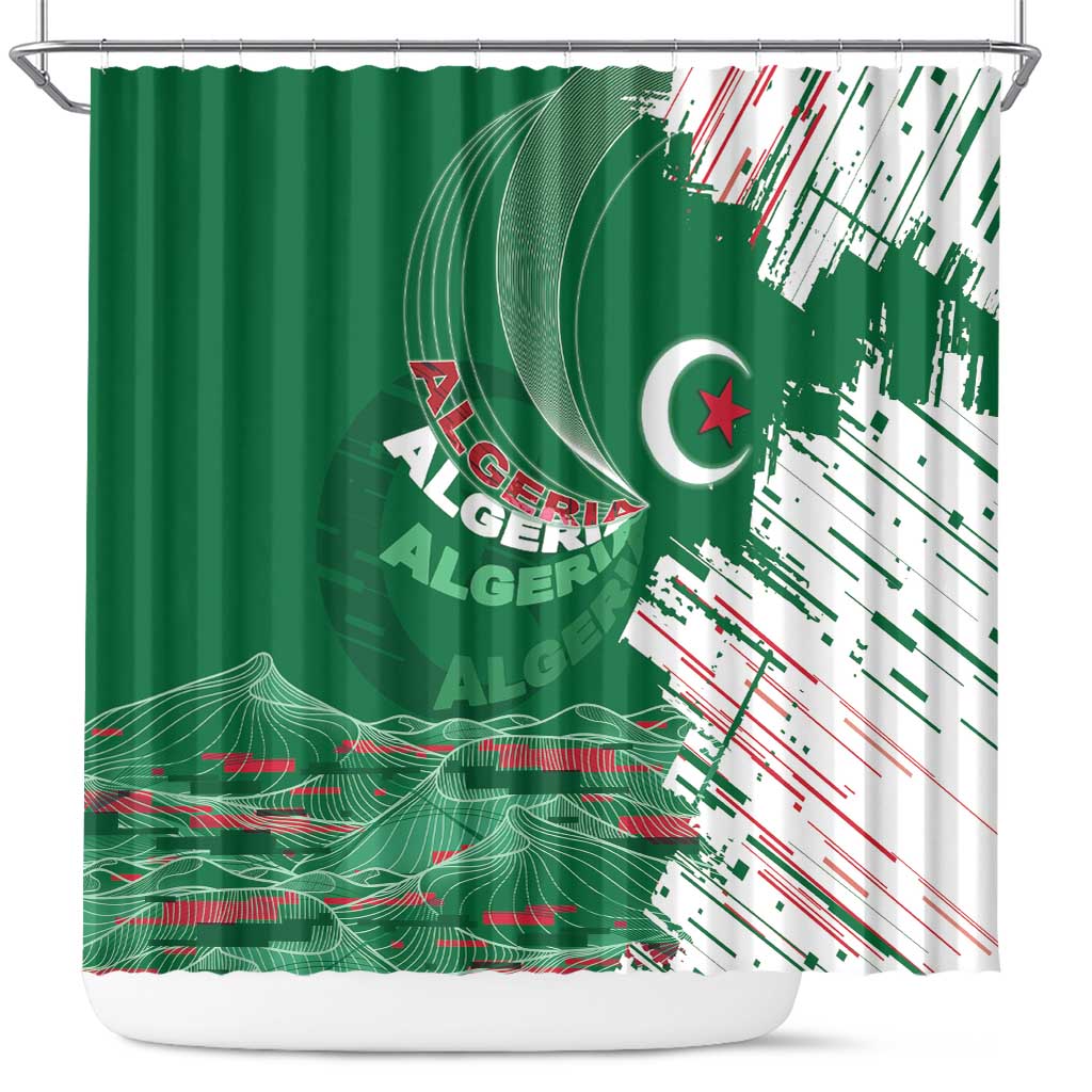 Algeria Football Shower Curtain Glitch Effect Desert Lines And Star Crescent