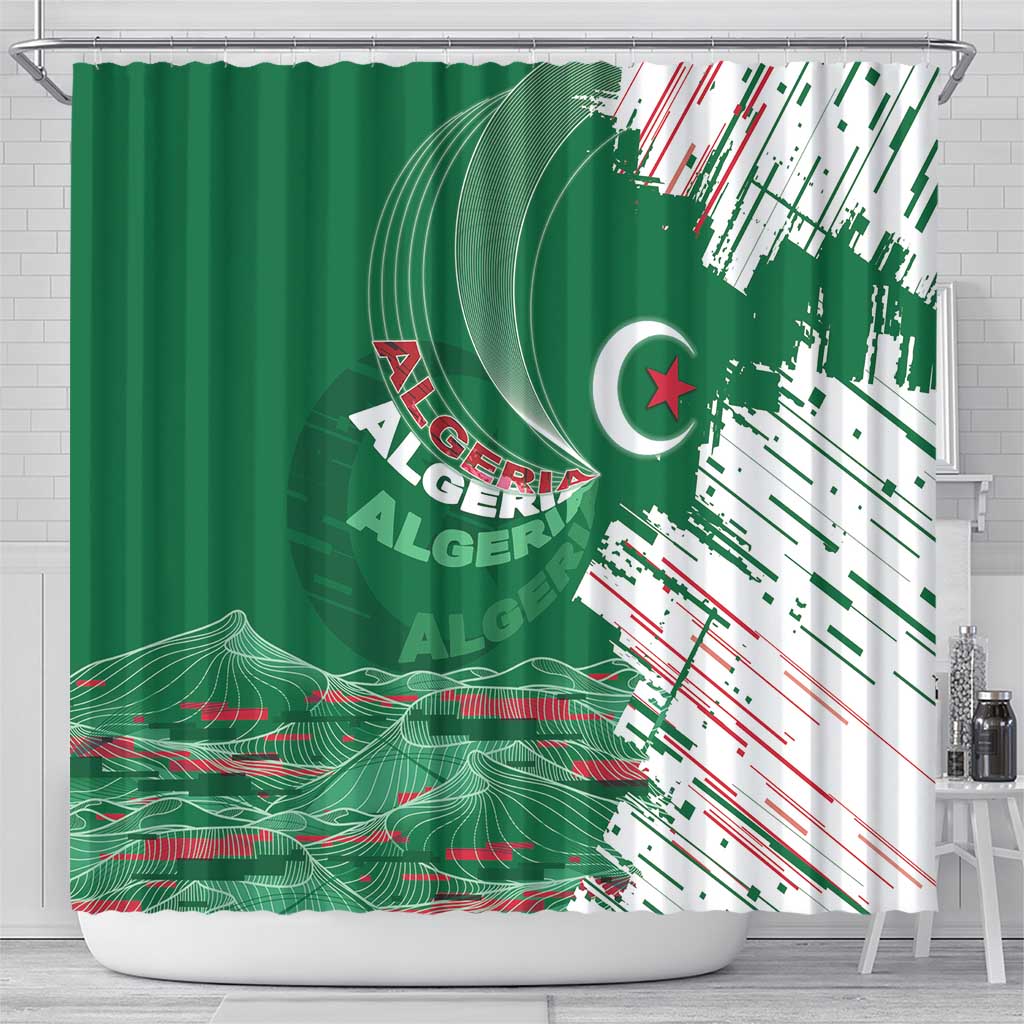 Algeria Football Shower Curtain Glitch Effect Desert Lines And Star Crescent