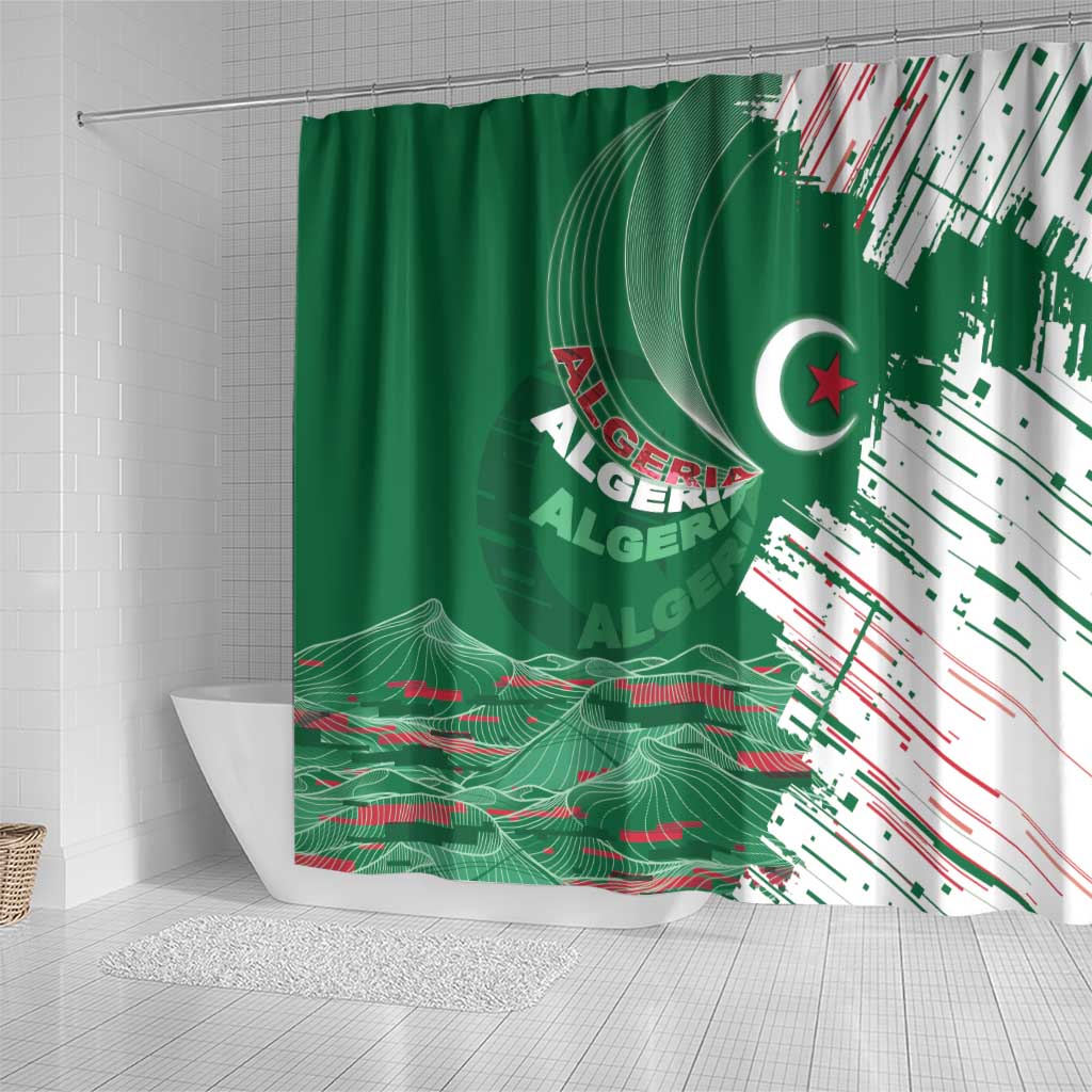Algeria Football Shower Curtain Glitch Effect Desert Lines And Star Crescent