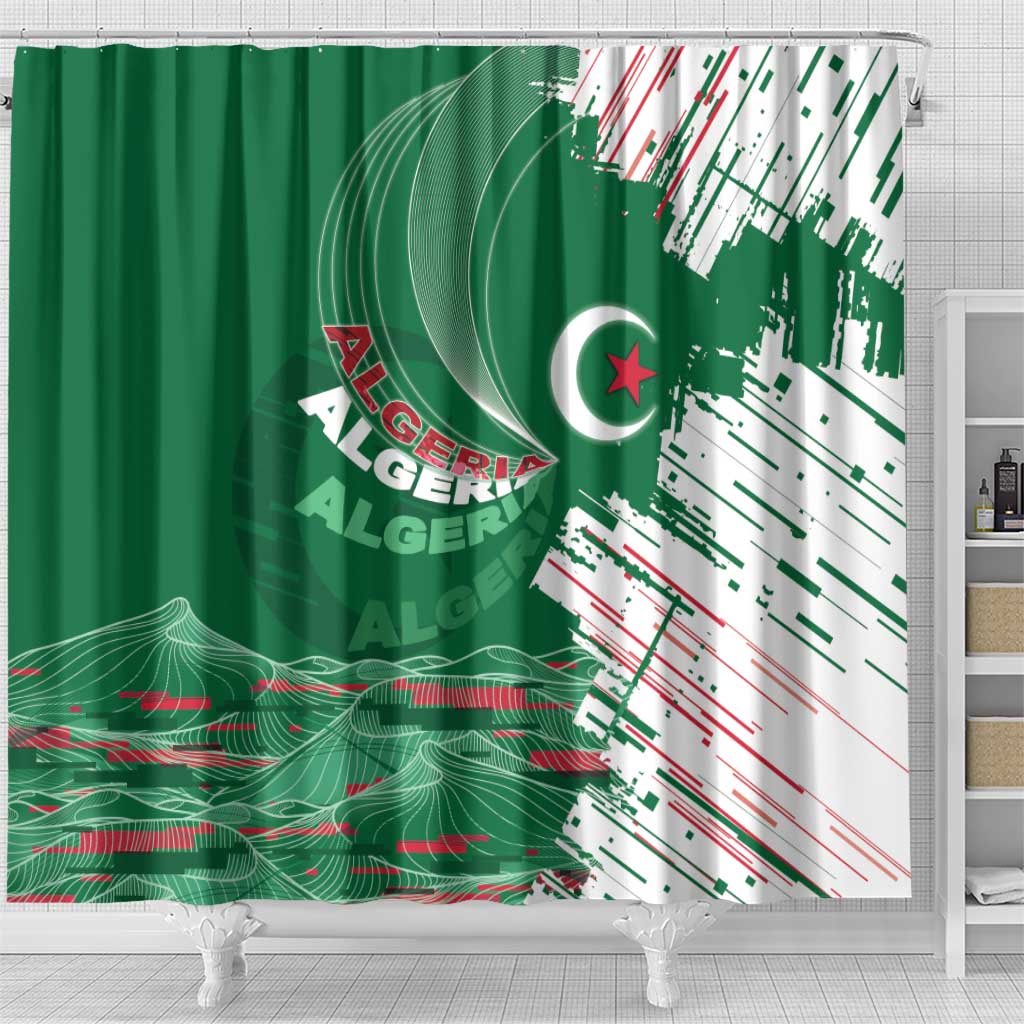Algeria Football Shower Curtain Glitch Effect Desert Lines And Star Crescent
