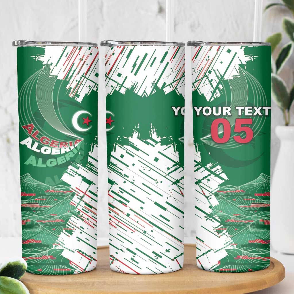 Custom Algeria Football Skinny Tumbler Glitch Effect Desert Lines And Star Crescent