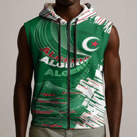 Custom Algeria Football Sleeveless Zip Hoodie Glitch Effect Desert Lines And Star Crescent