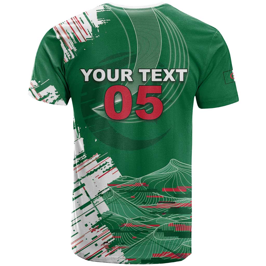Custom Algeria Football T shirt Glitch Effect Desert Lines And Star Crescent