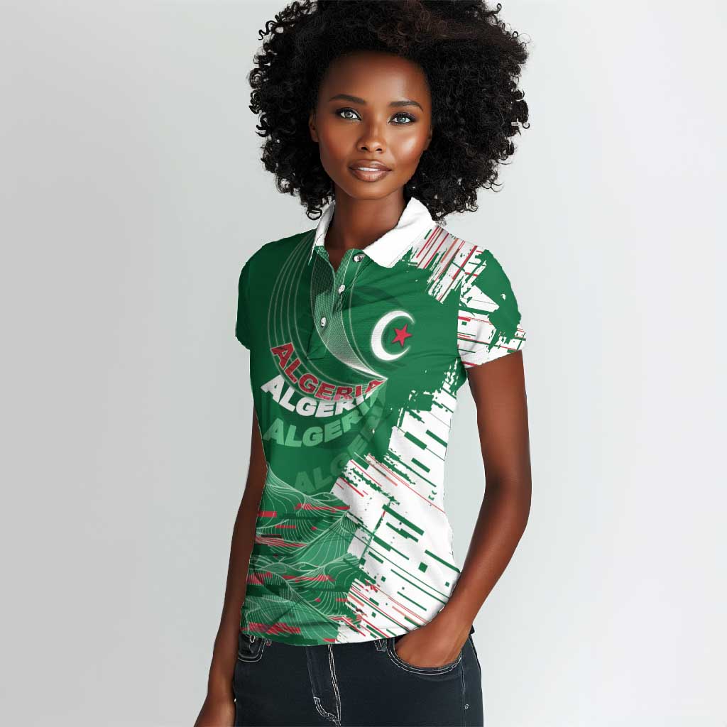 Custom Algeria Football Women Polo Shirt Glitch Effect Desert Lines And Star Crescent