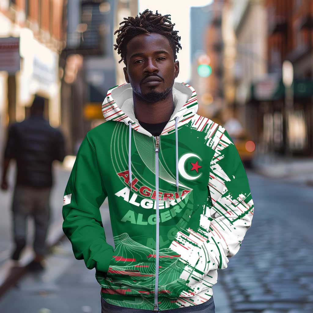 Custom Algeria Football Zip Hoodie Glitch Effect Desert Lines And Star Crescent