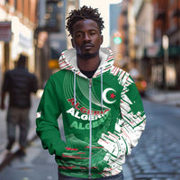 Custom Algeria Football Zip Hoodie Glitch Effect Desert Lines And Star Crescent