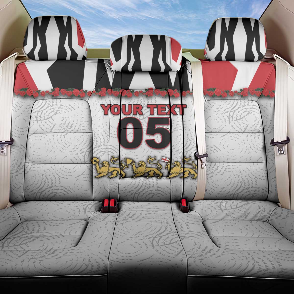 Custom England Football Back Car Seat Cover Gold Lions And Minimalist Floral