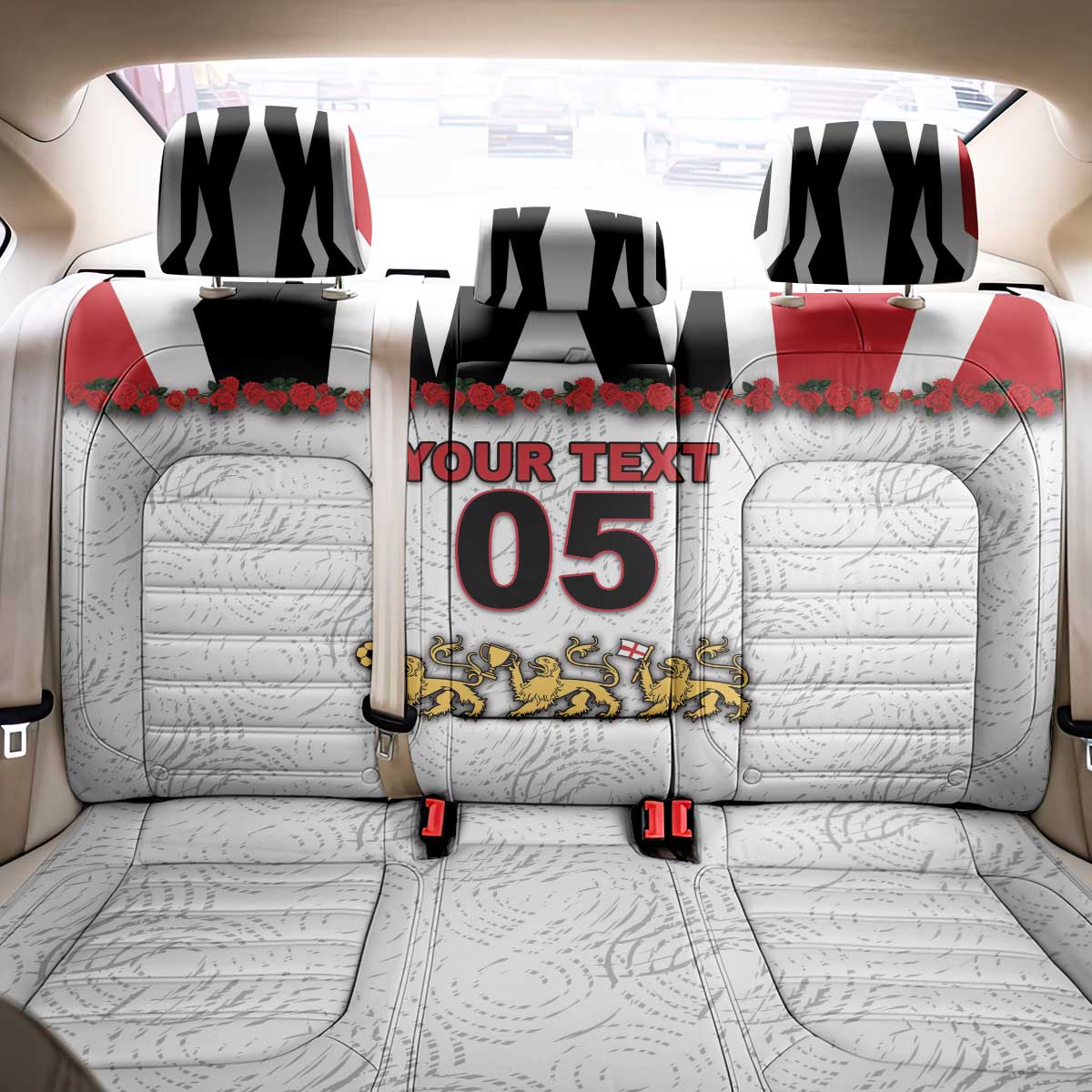 Custom England Football Back Car Seat Cover Gold Lions And Minimalist Floral