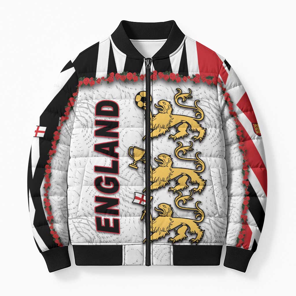 Custom England Football Bomber Puffer Jacket Gold Lions And Minimalist Floral