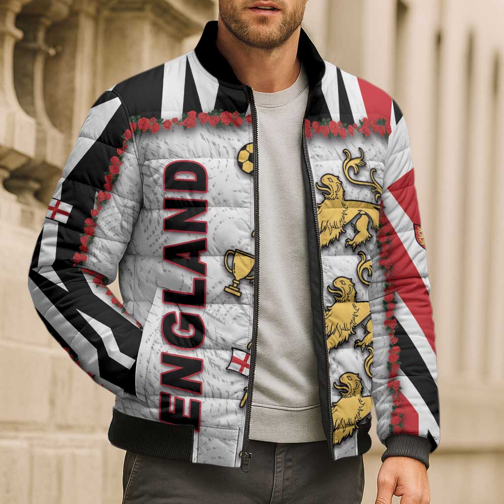 Custom England Football Bomber Puffer Jacket Gold Lions And Minimalist Floral