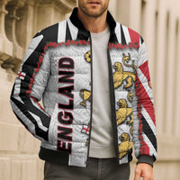 Custom England Football Bomber Puffer Jacket Gold Lions And Minimalist Floral