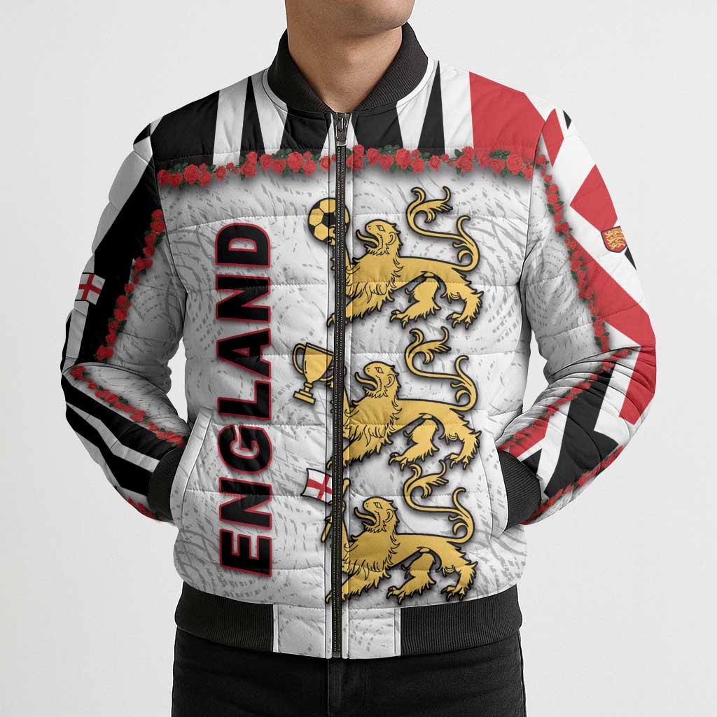 Custom England Football Bomber Puffer Jacket Gold Lions And Minimalist Floral