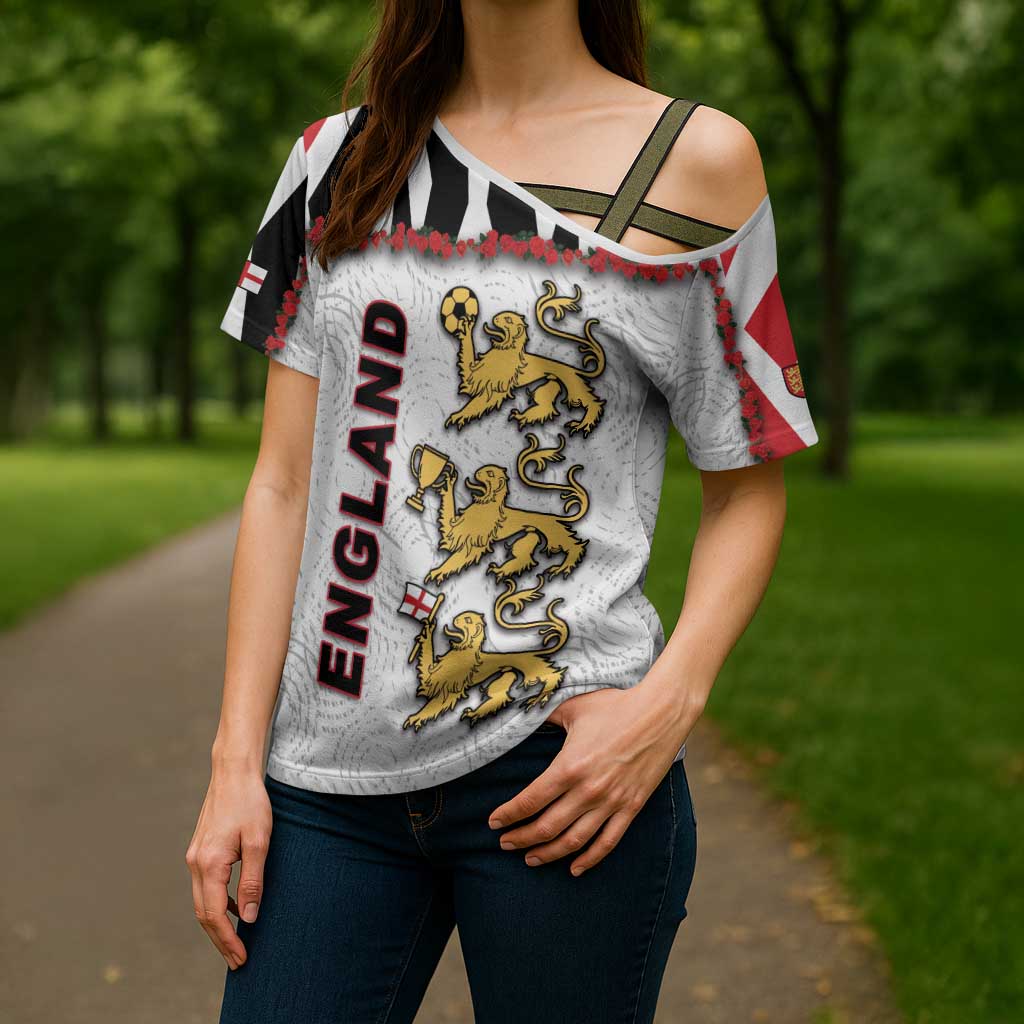 Custom England Football Cross Shoulder Shirt Gold Lions And Minimalist Floral