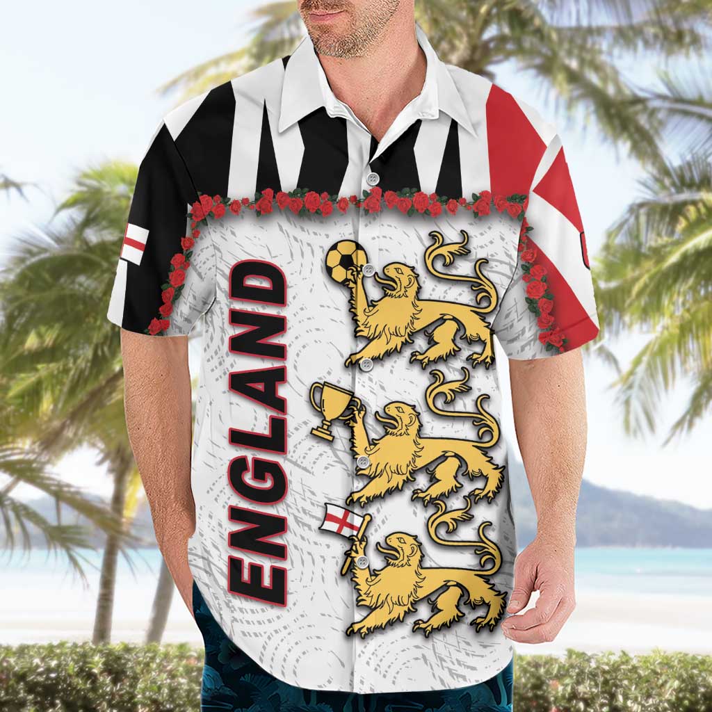 Custom England Football Hawaiian Shirt Gold Lions And Minimalist Floral