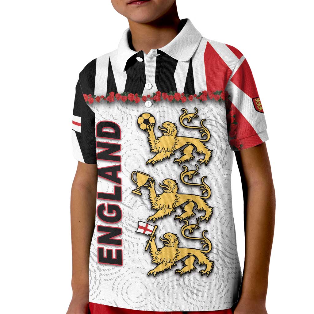 Custom England Football Kid Polo Shirt Gold Lions And Minimalist Floral