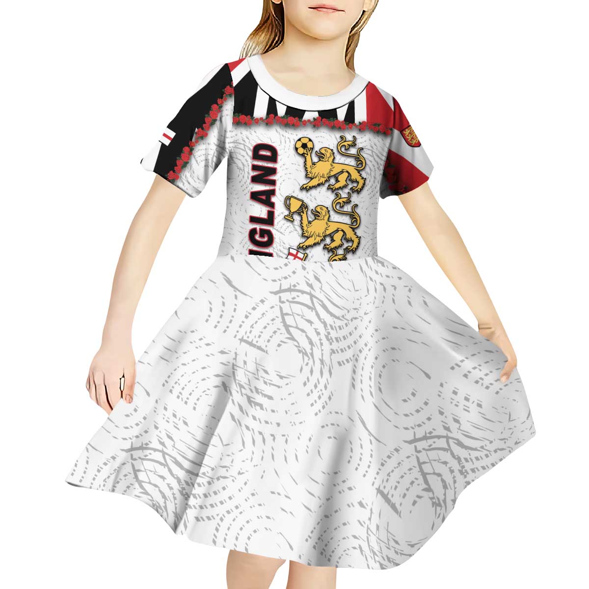 Custom England Football Kid Short Sleeve Dress Gold Lions And Minimalist Floral