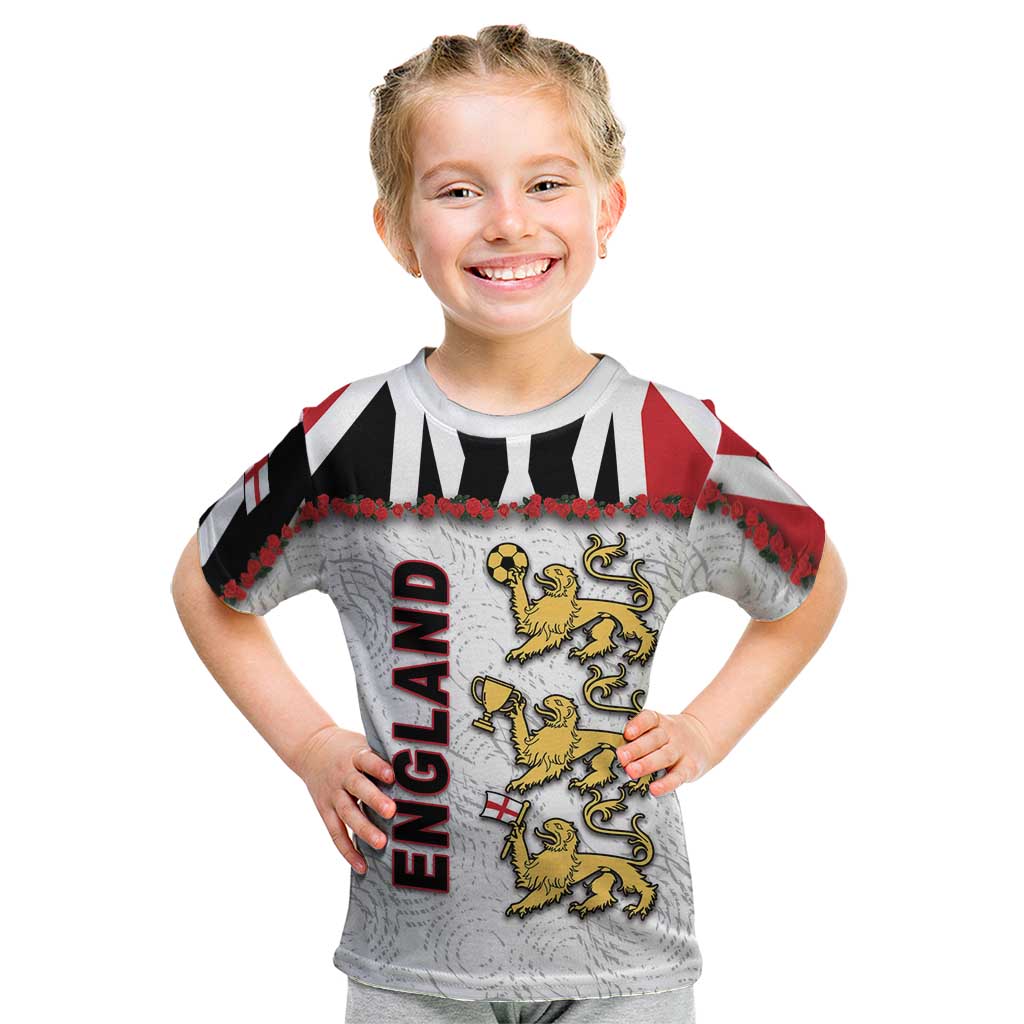 Custom England Football Kid T Shirt Gold Lions And Minimalist Floral