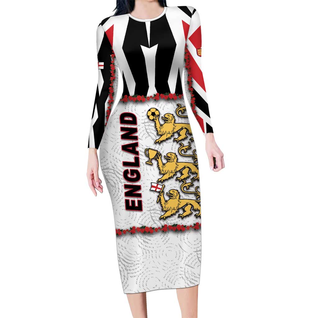 Custom England Football Long Sleeve Bodycon Dress Gold Lions And Minimalist Floral