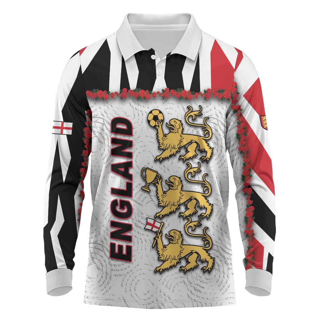 Custom England Football Long Sleeve Polo Shirt Gold Lions And Minimalist Floral