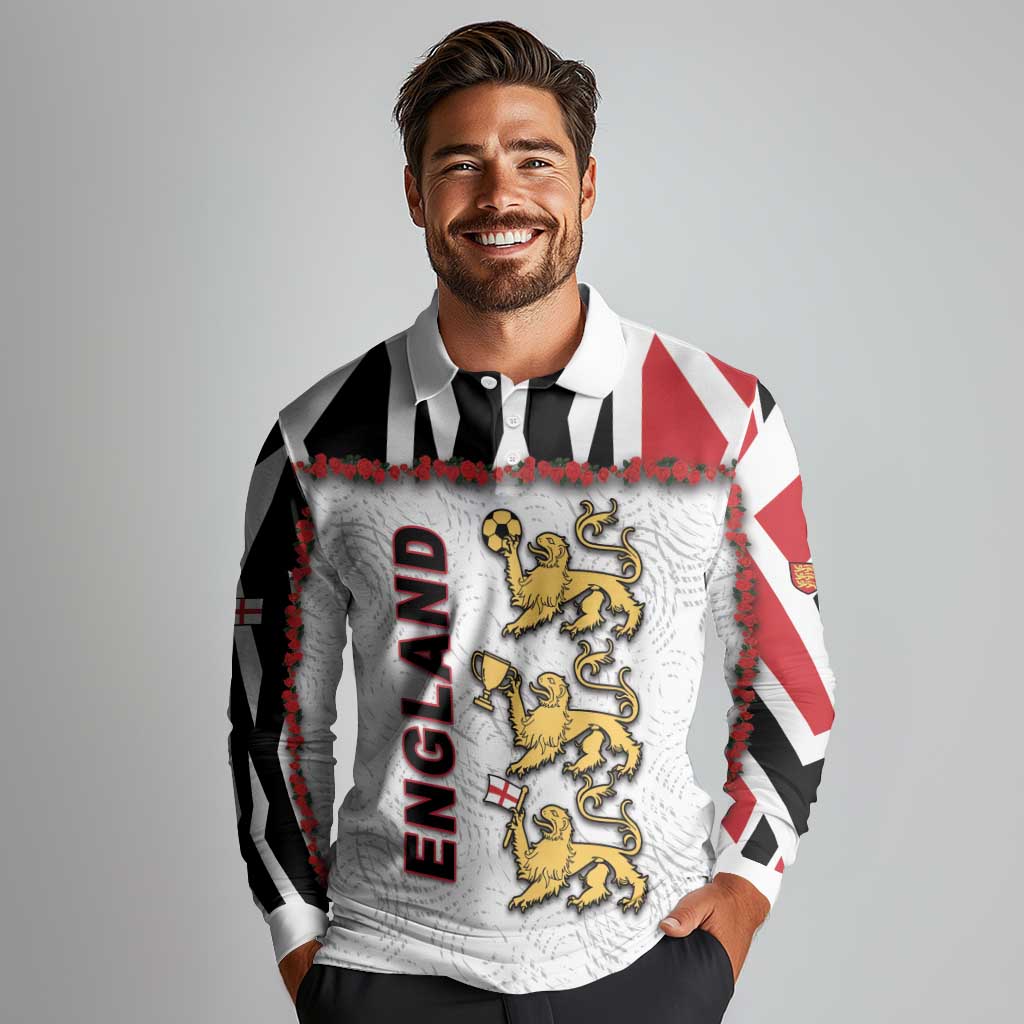 Custom England Football Long Sleeve Polo Shirt Gold Lions And Minimalist Floral
