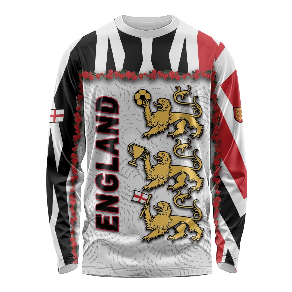 Custom England Football Long Sleeve Shirt Gold Lions And Minimalist Floral