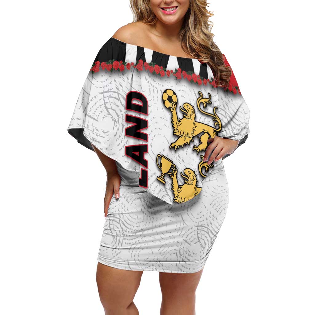 Custom England Football Off Shoulder Short Dress Gold Lions And Minimalist Floral
