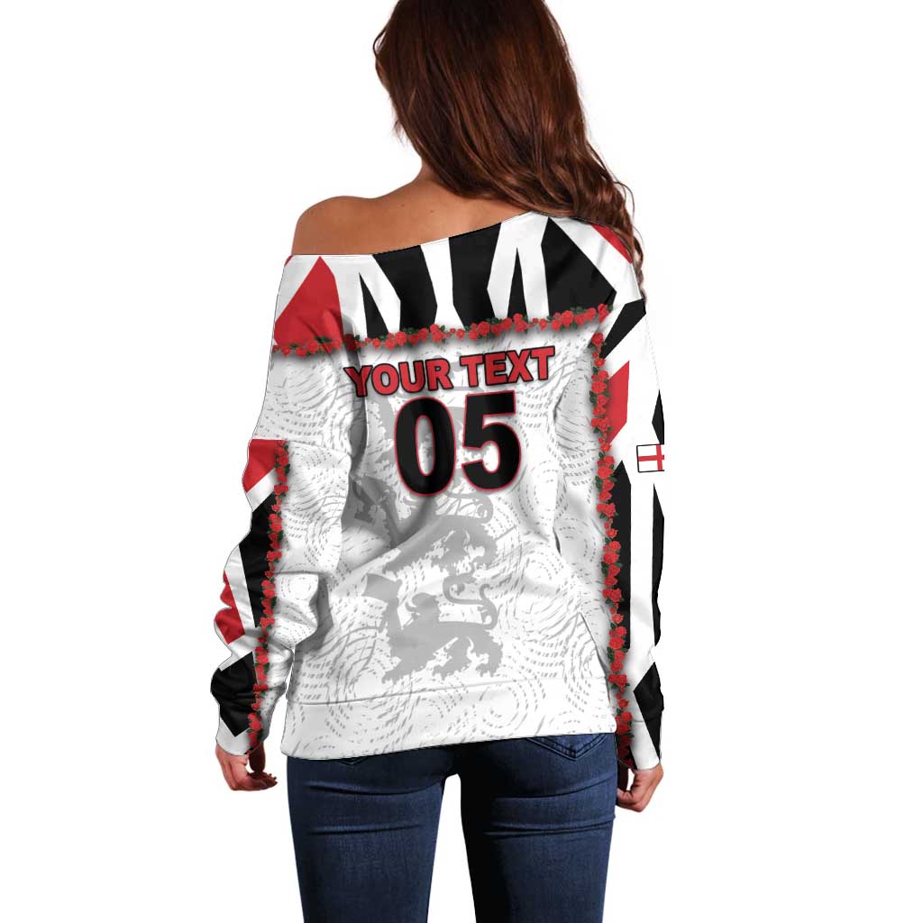 Custom England Football Off Shoulder Sweater Gold Lions And Minimalist Floral