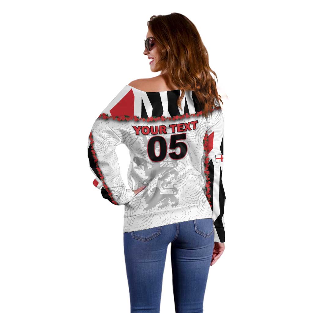 Custom England Football Off Shoulder Sweater Gold Lions And Minimalist Floral