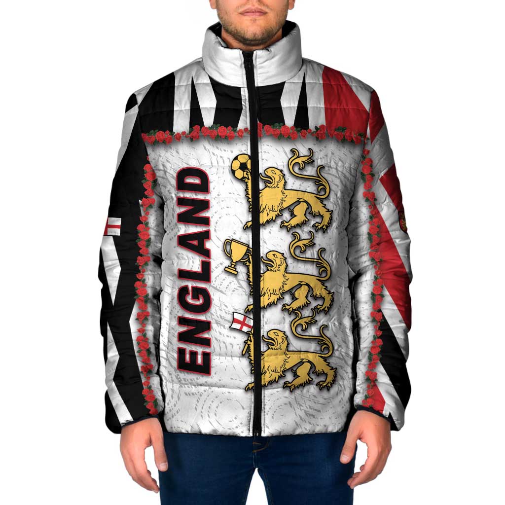 Custom England Football Padded Jacket Gold Lions And Minimalist Floral