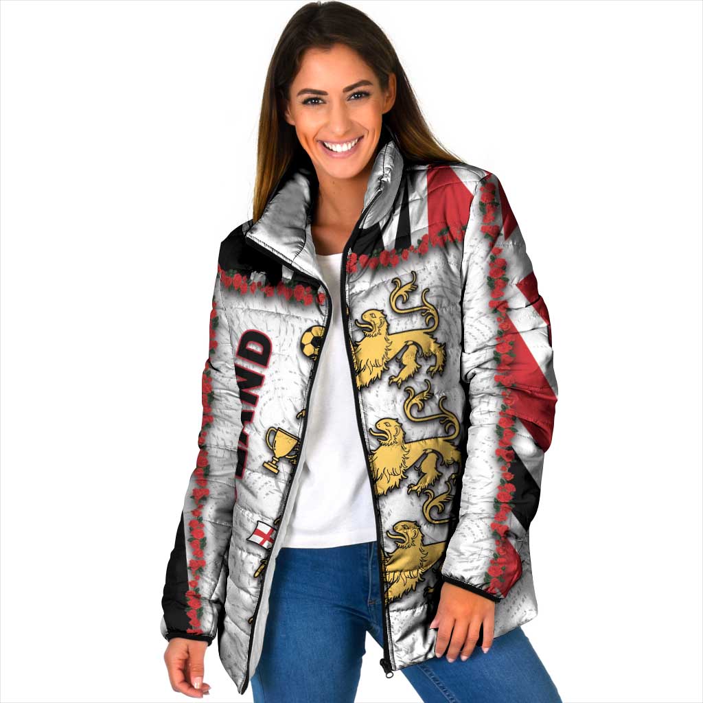 Custom England Football Padded Jacket Gold Lions And Minimalist Floral