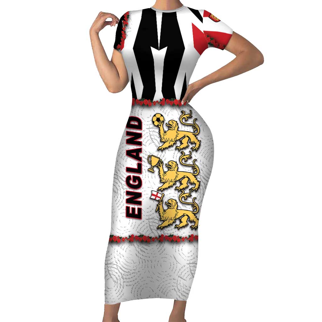 Custom England Football Short Sleeve Bodycon Dress Gold Lions And Minimalist Floral